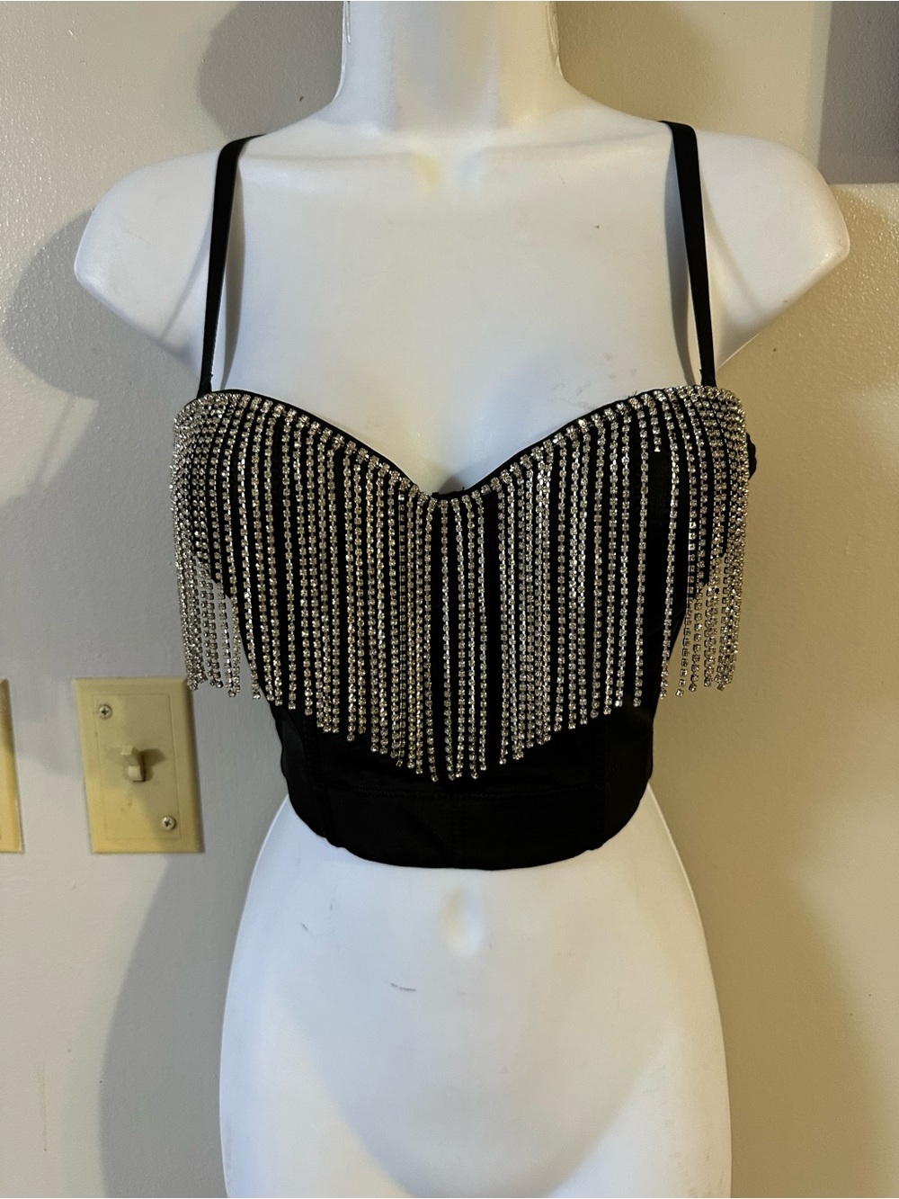 Black Rhinestone Fringe Bustier Crop Top